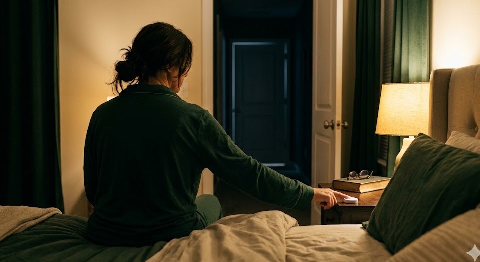 A parent sitting up in bed at night, reaching to press the WiFiCurfew button on the nightstand