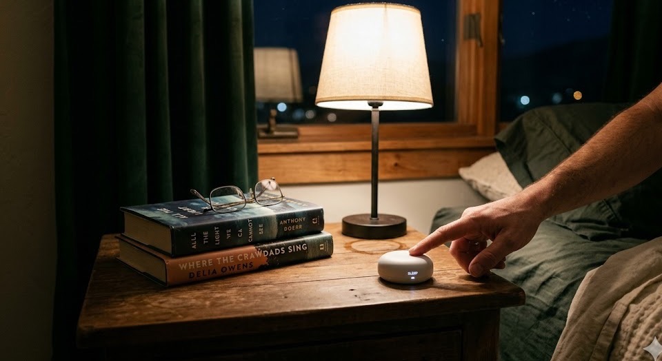 The WiFiCurfew button on a nightstand next to books and a lamp